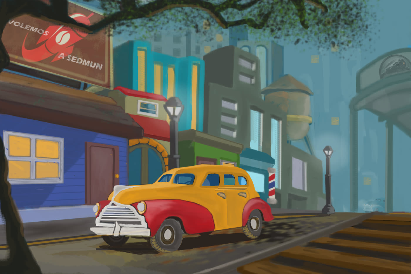 Ilustración retro de una calle de ciudad con auto clásico, obra original de JL Comics